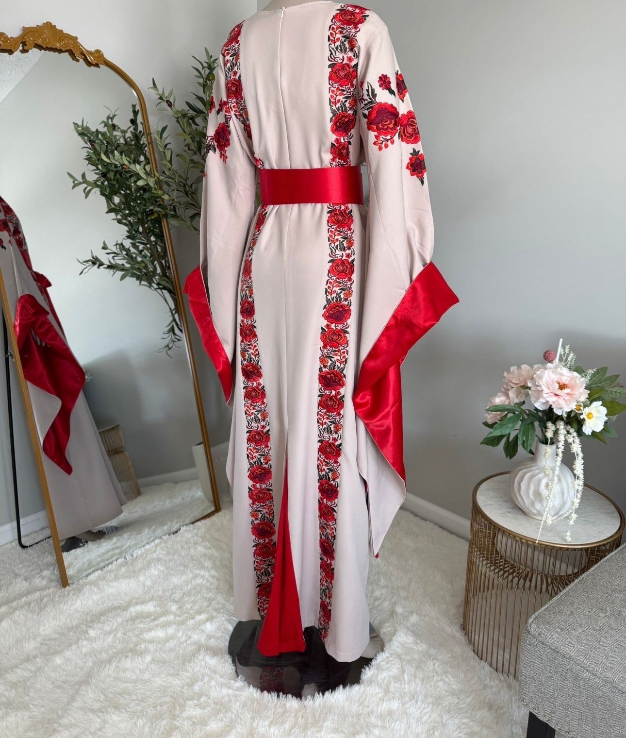 Beige Thobe with Red Embroidery