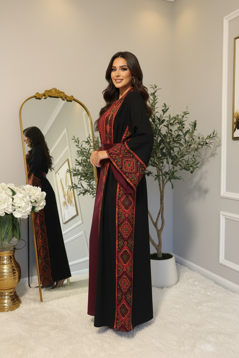 Black and burgundy two-piece abaya with a matching belt.
