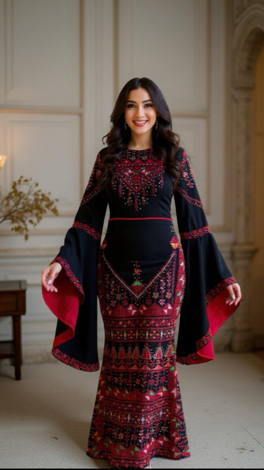 Black and red embroidered dress with flare sleeves