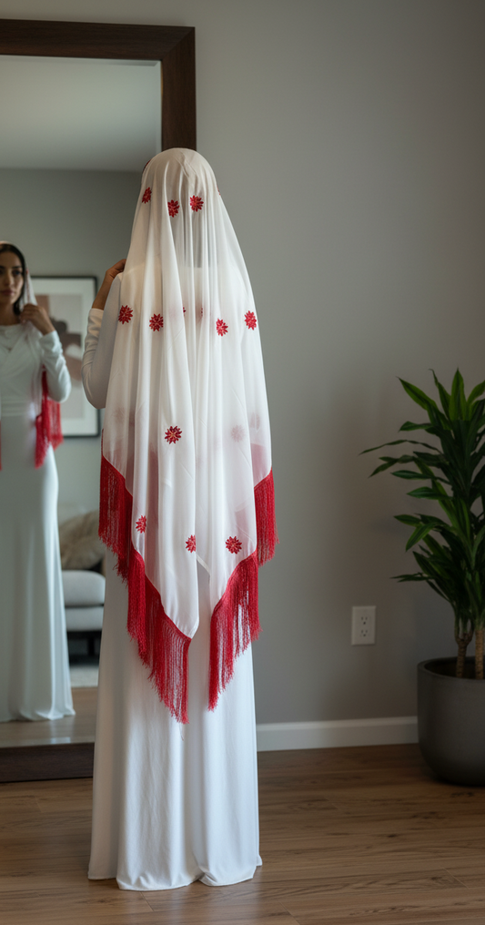 White headscarf with red embroidery