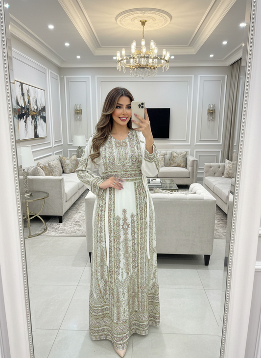 Off-white and pistachio embroidery tube thobe