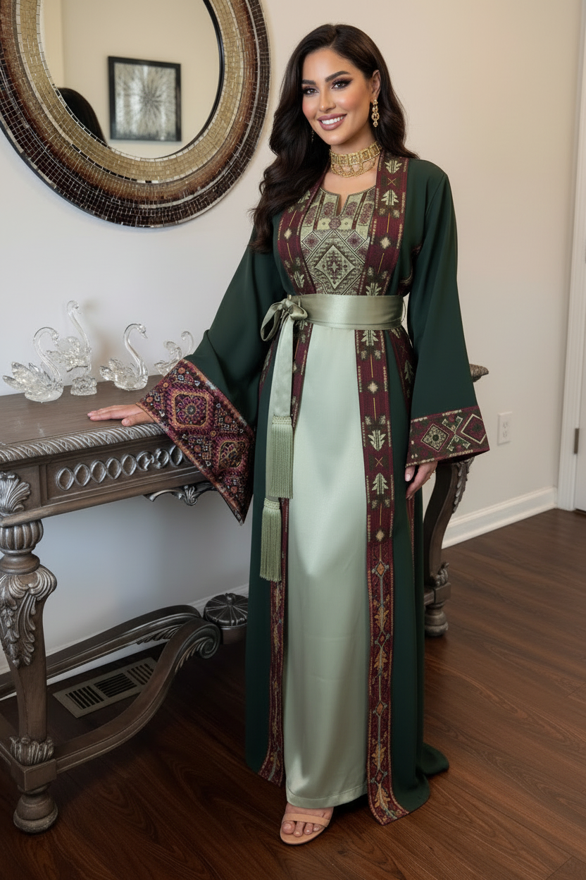 Olive green an sage green open Abaya with matching belt