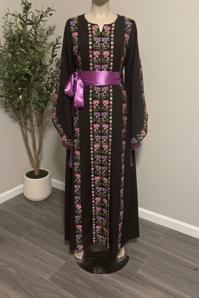 A beautiful black and purple dress with fashionable sleeves.