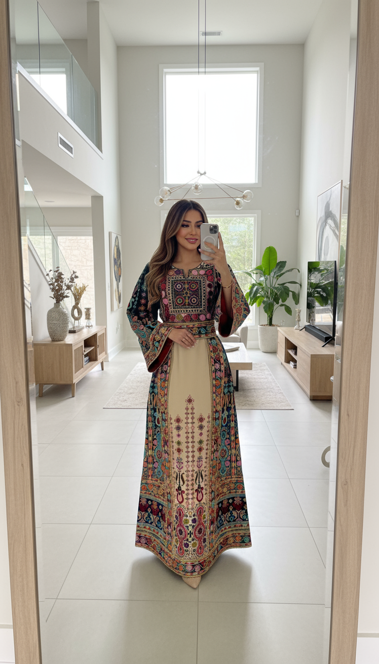 Light beige thobe with green fabric and colorful embroidery.