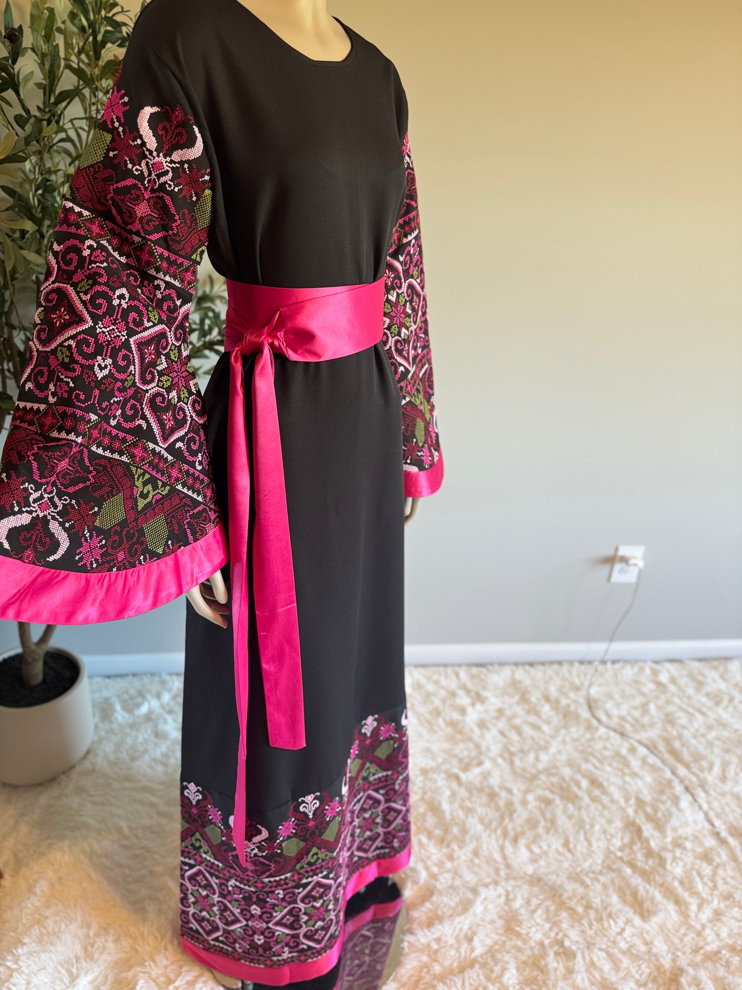 Black and fuchsia embroidered dress