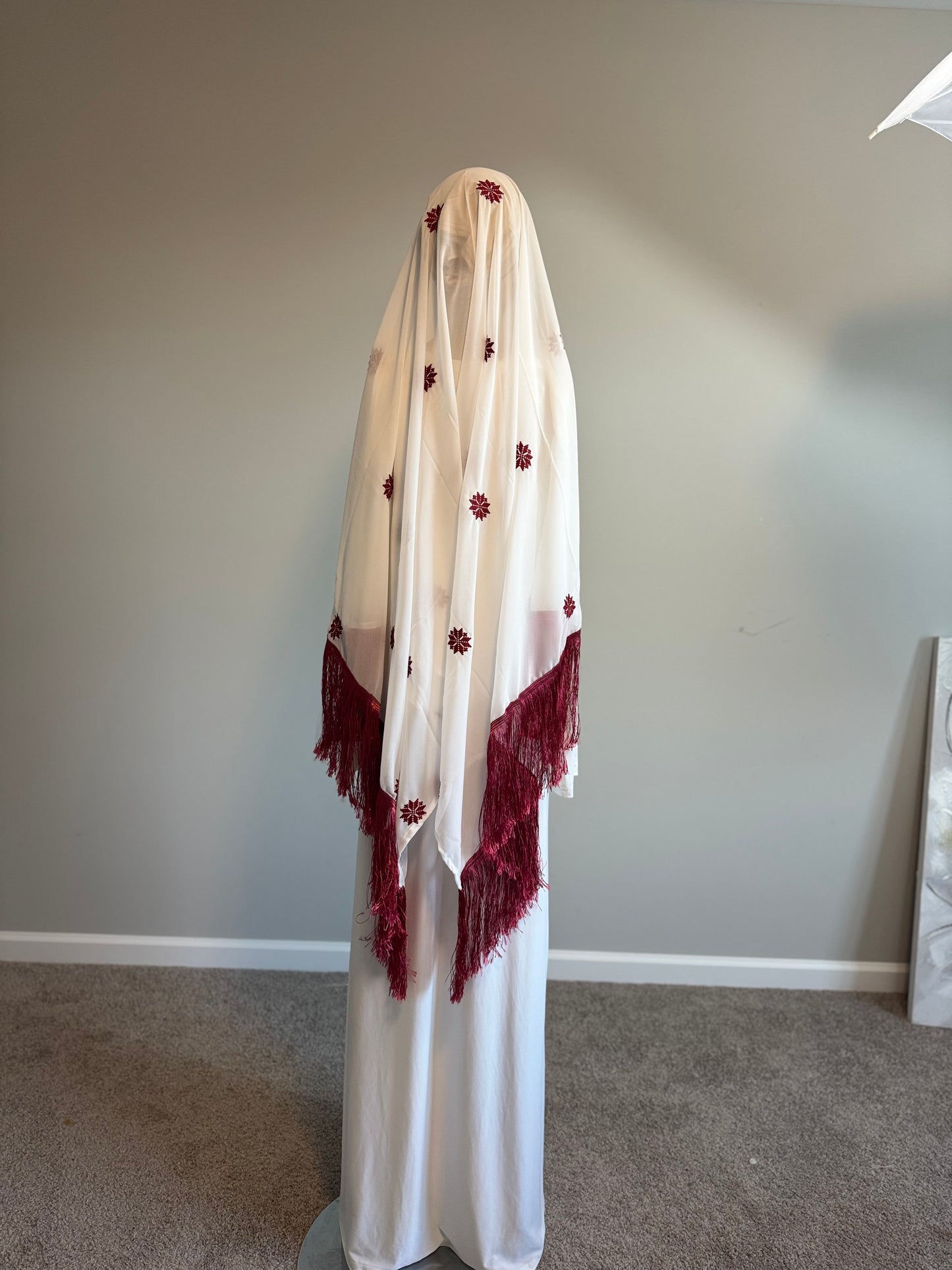 White headscarf with burgundy embroidery