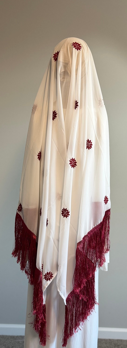 White headscarf with burgundy embroidery