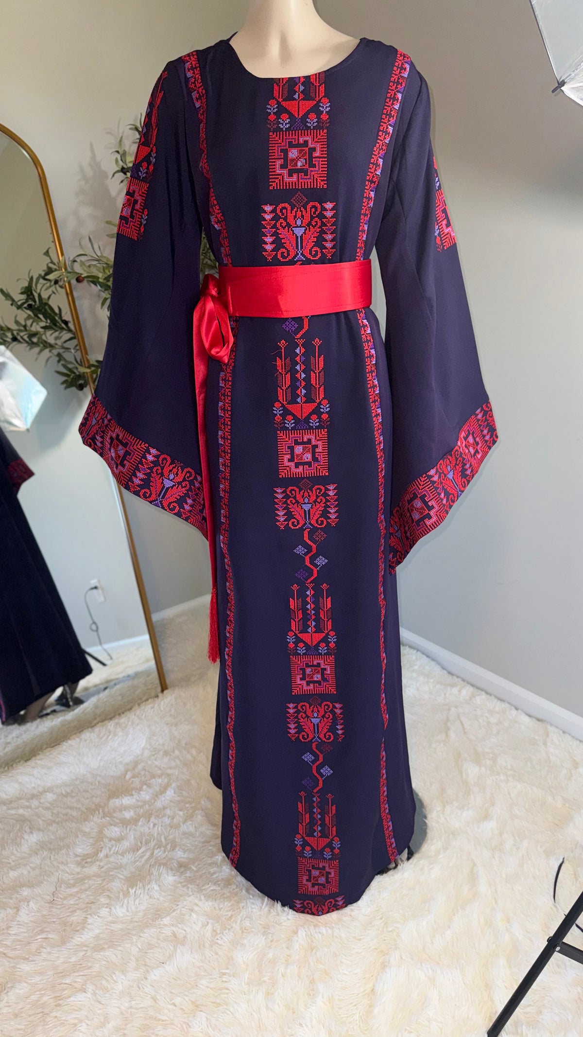 Dark purple embroidered fabric dress with matching belt