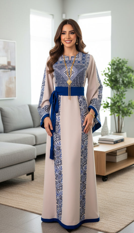 Beige thobe with royal blue embroidery and matching satin belt