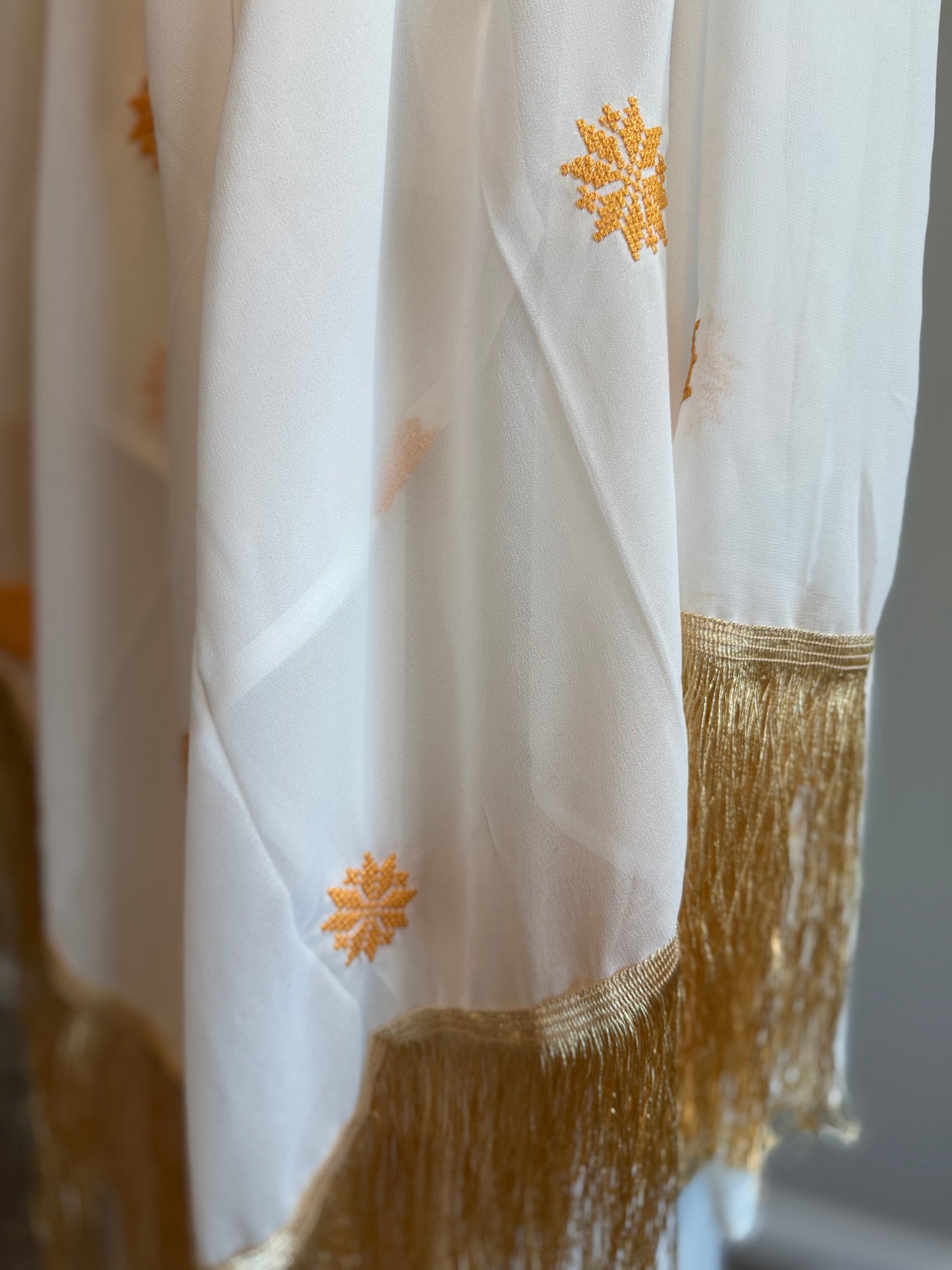 White headscarf with gold embroidery