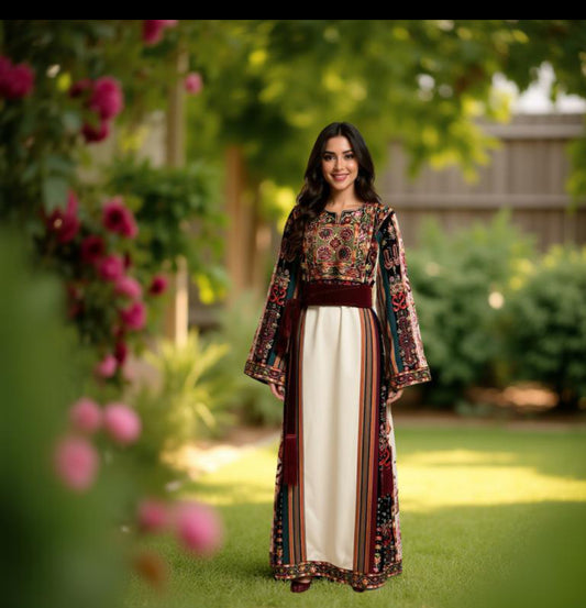 Off white Majdalwee thobe with black velvet