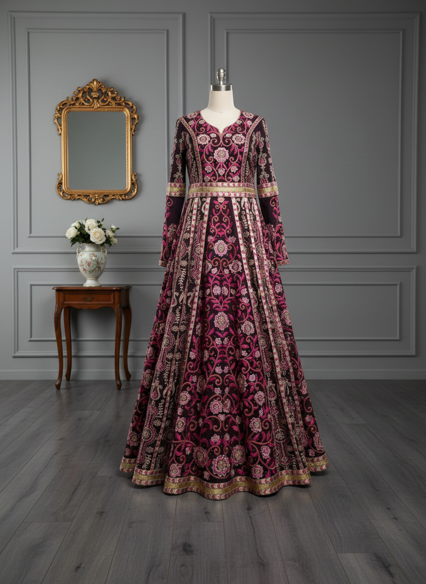 Dark Purple fabric thobe with pink  embroider