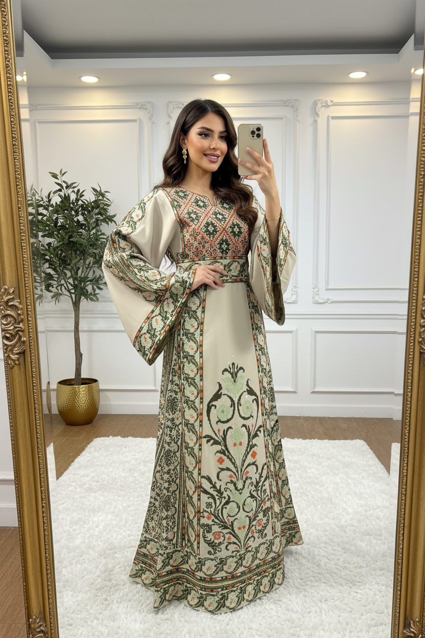 Beige thobe with olive green embroidery