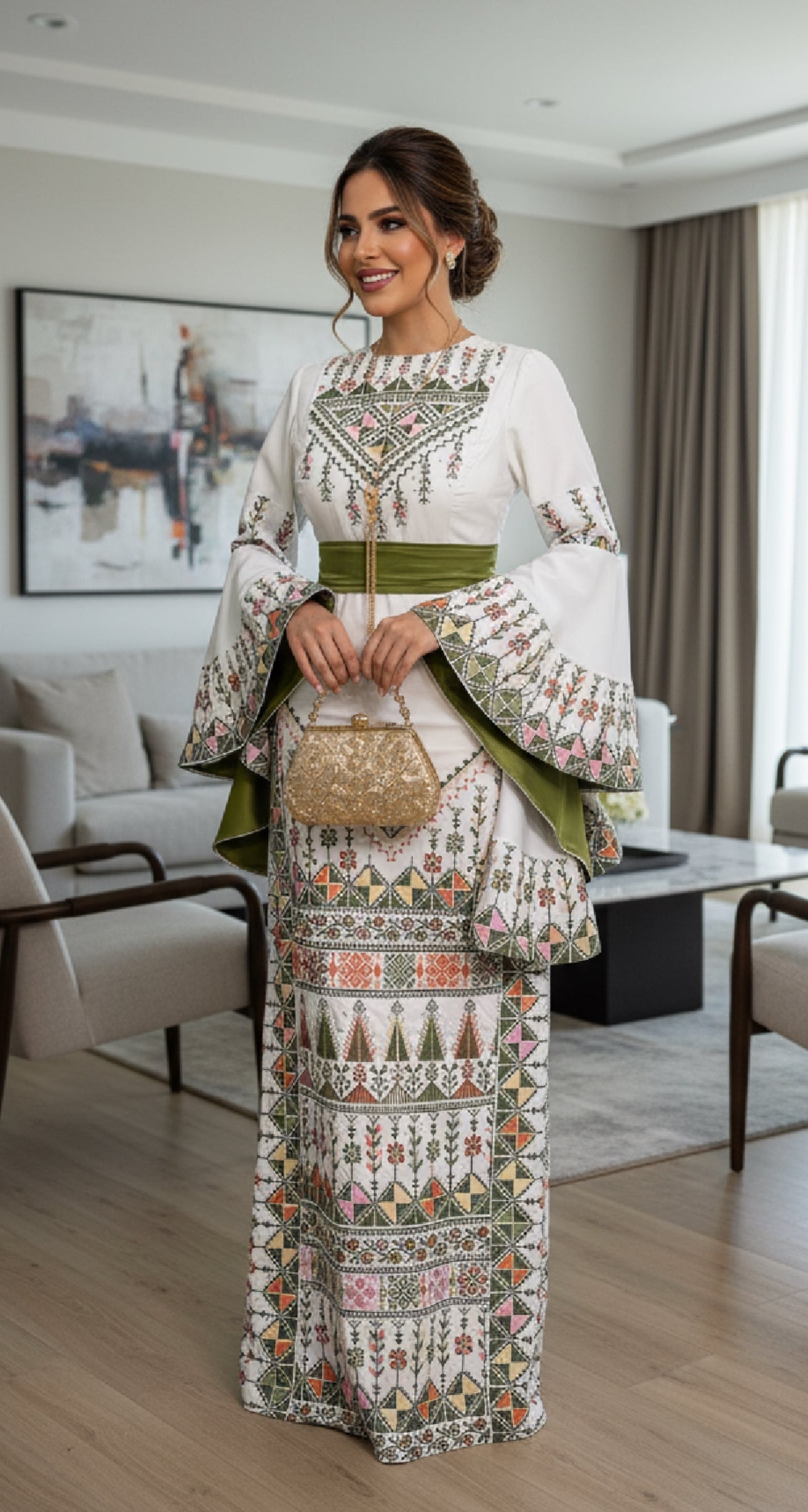 White dress with more multicolor embroidery