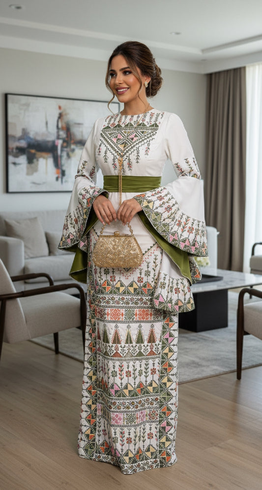 White dress with more multicolor embroidery