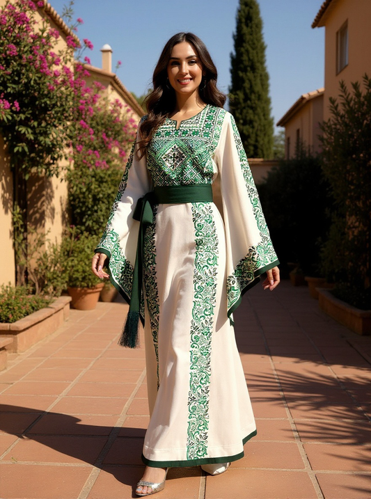 Cream fabric store with green  embroidery with matching satin belt .
