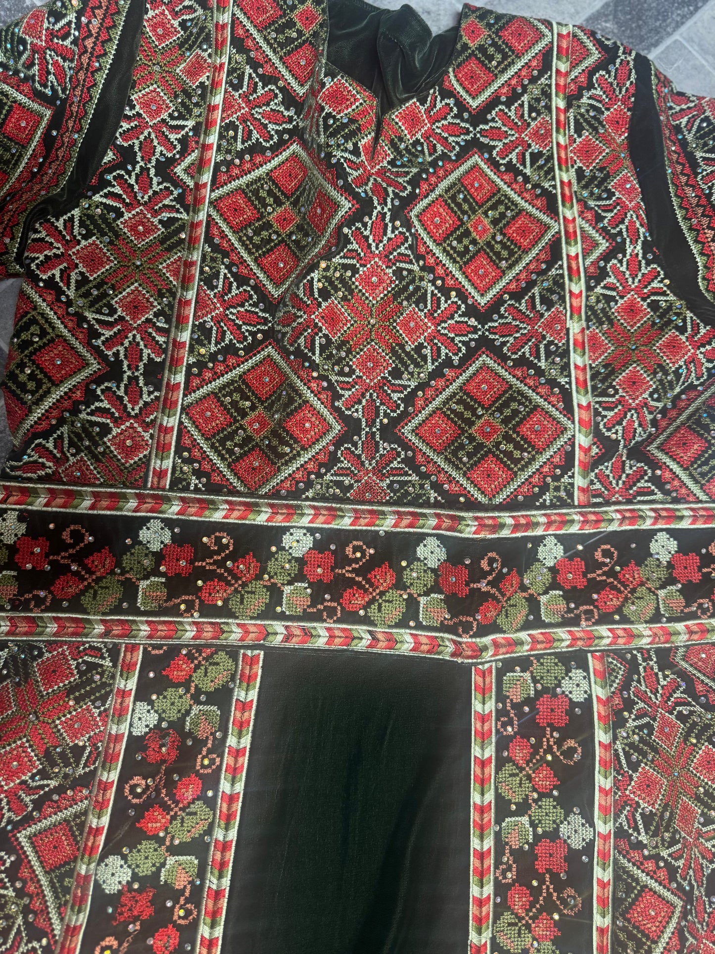 Olive green velvet with beautiful colors embroidery