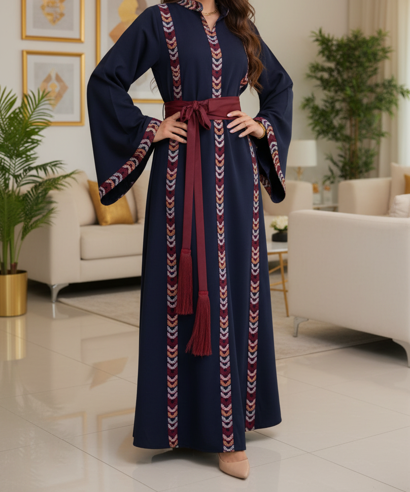 Navy blue embroidered dress with matching belt