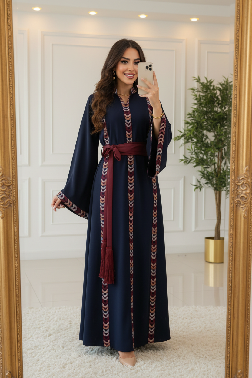 Navy blue embroidered dress with matching belt