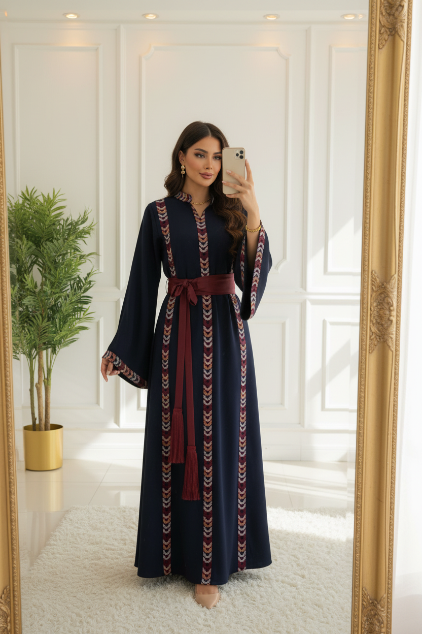 Navy blue embroidered dress with matching belt