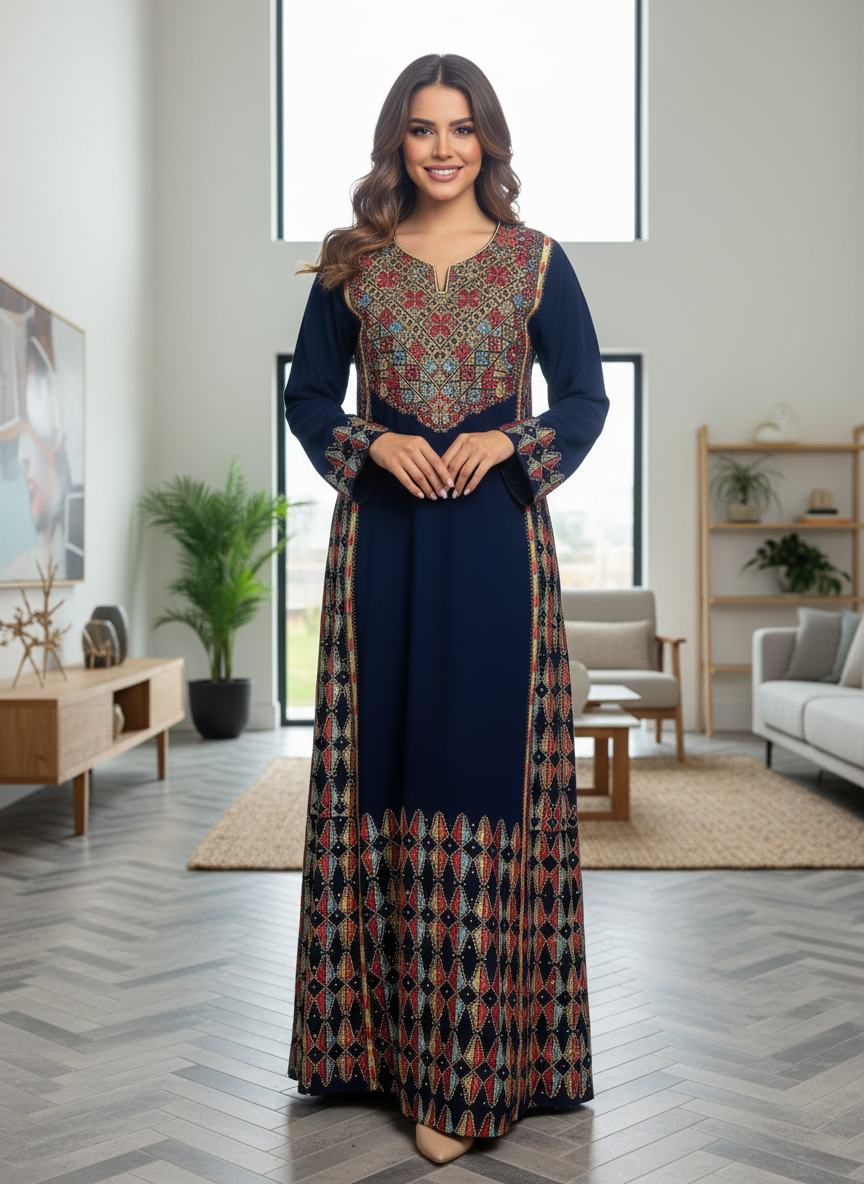 Navy blue fabric thobe with beautiful embroidery