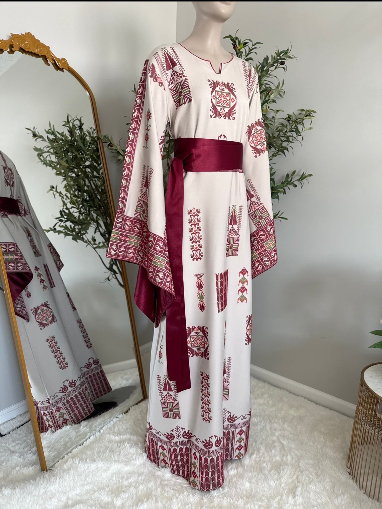 Elegant Cream And Burgundy Embroidered Dress/Thobe