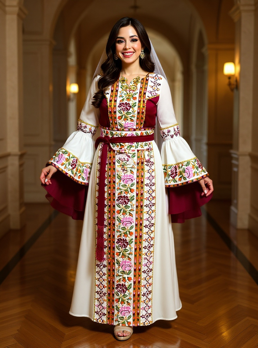 White and burgundy embroidered dress