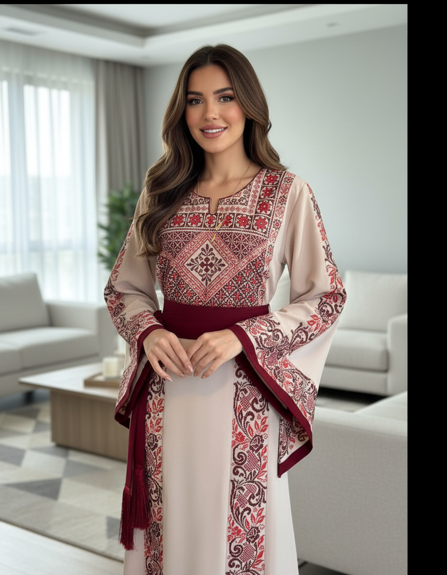 Beige fabric thobe with burgundy embroidery