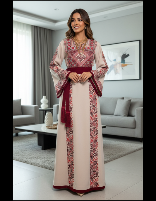 Beige fabric thobe with burgundy embroidery