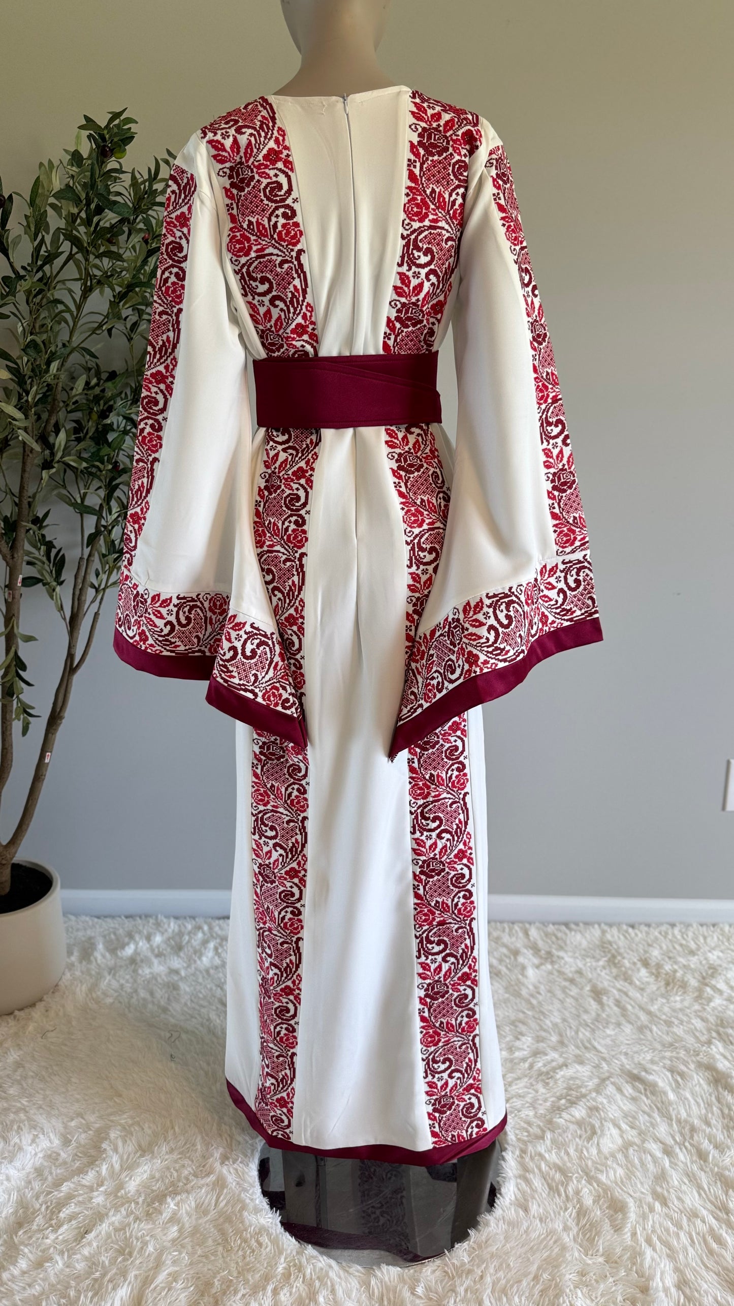 Traditional white, burgundy, and red embroidered thobe