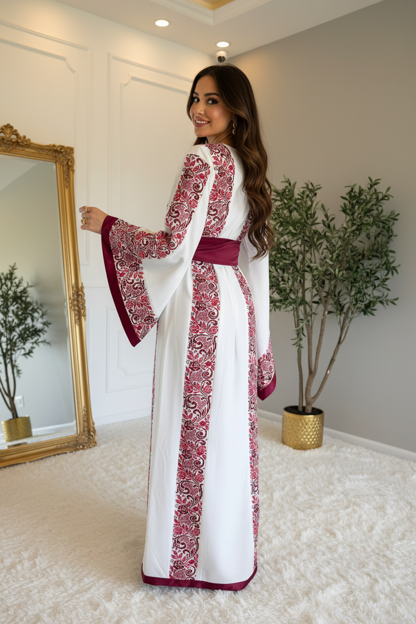 Traditional white, burgundy, and red embroidered thobe