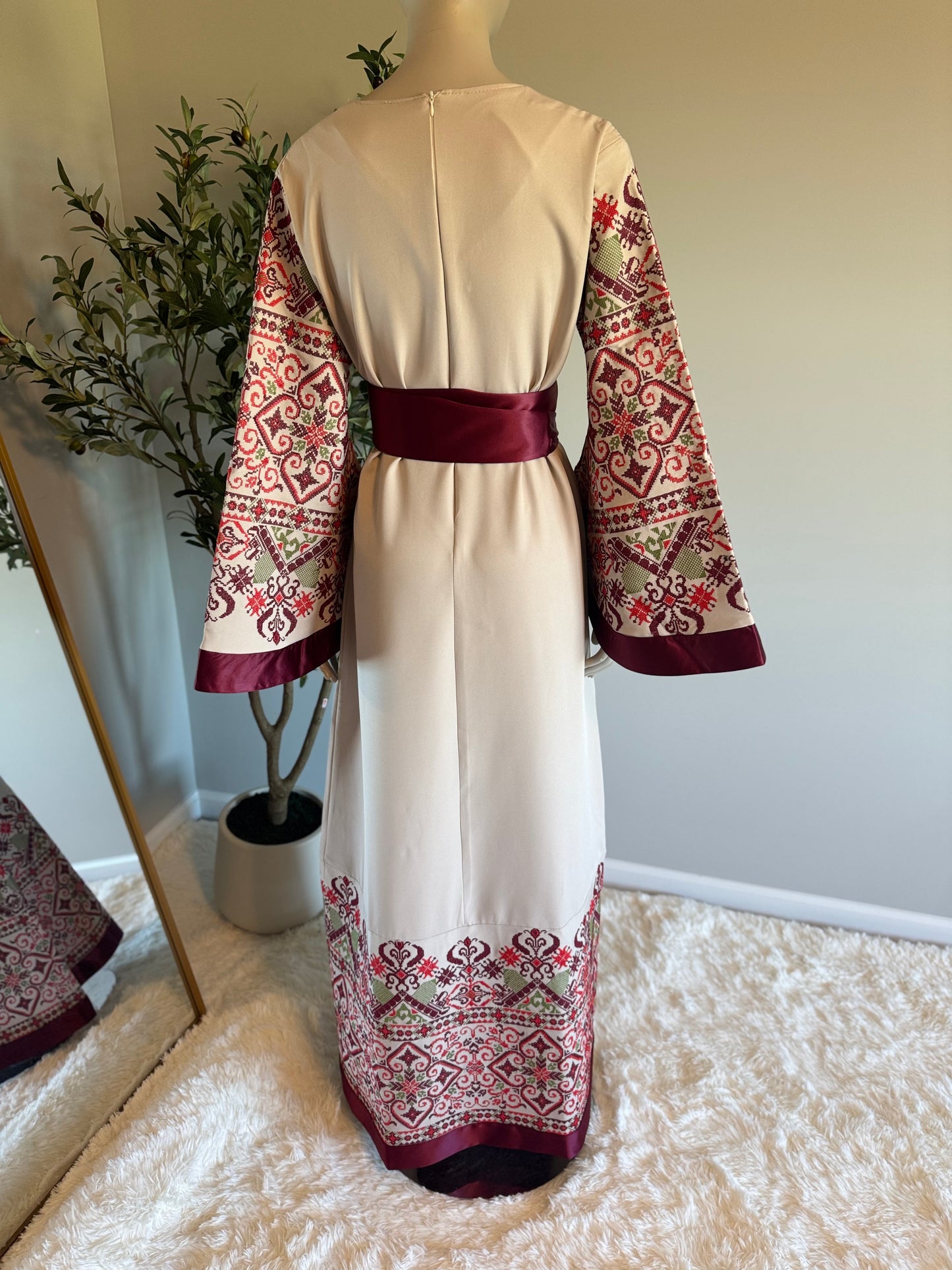 Beige and burgundy embroidered dress
