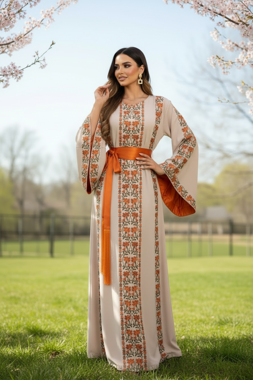 A beautiful beige and orangedress with fashionable sleeves.