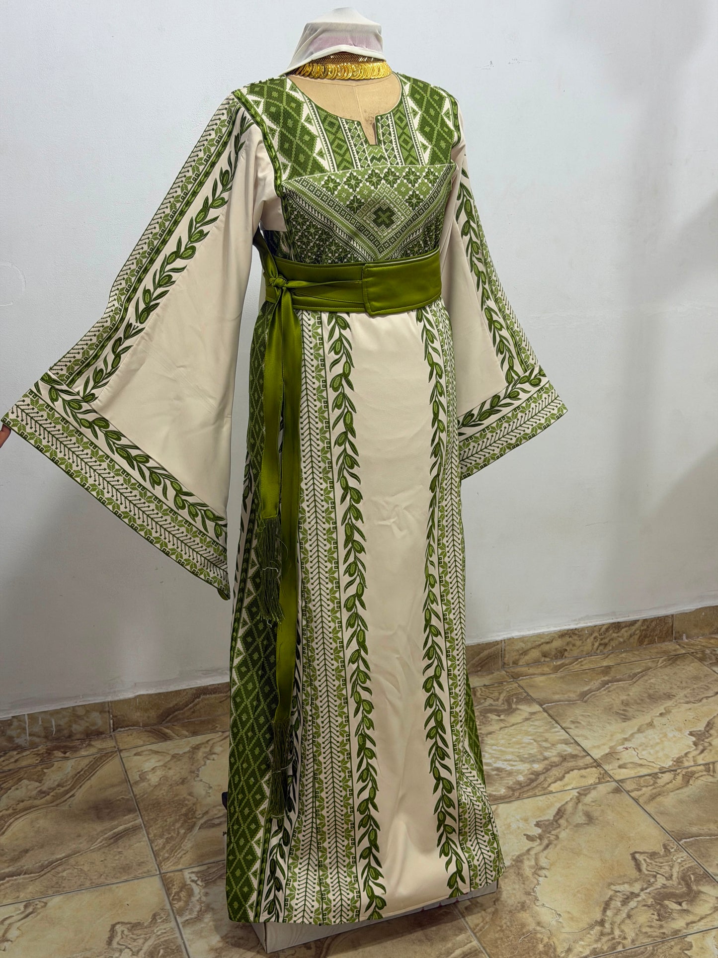 Beige and green embroidered Thobe
