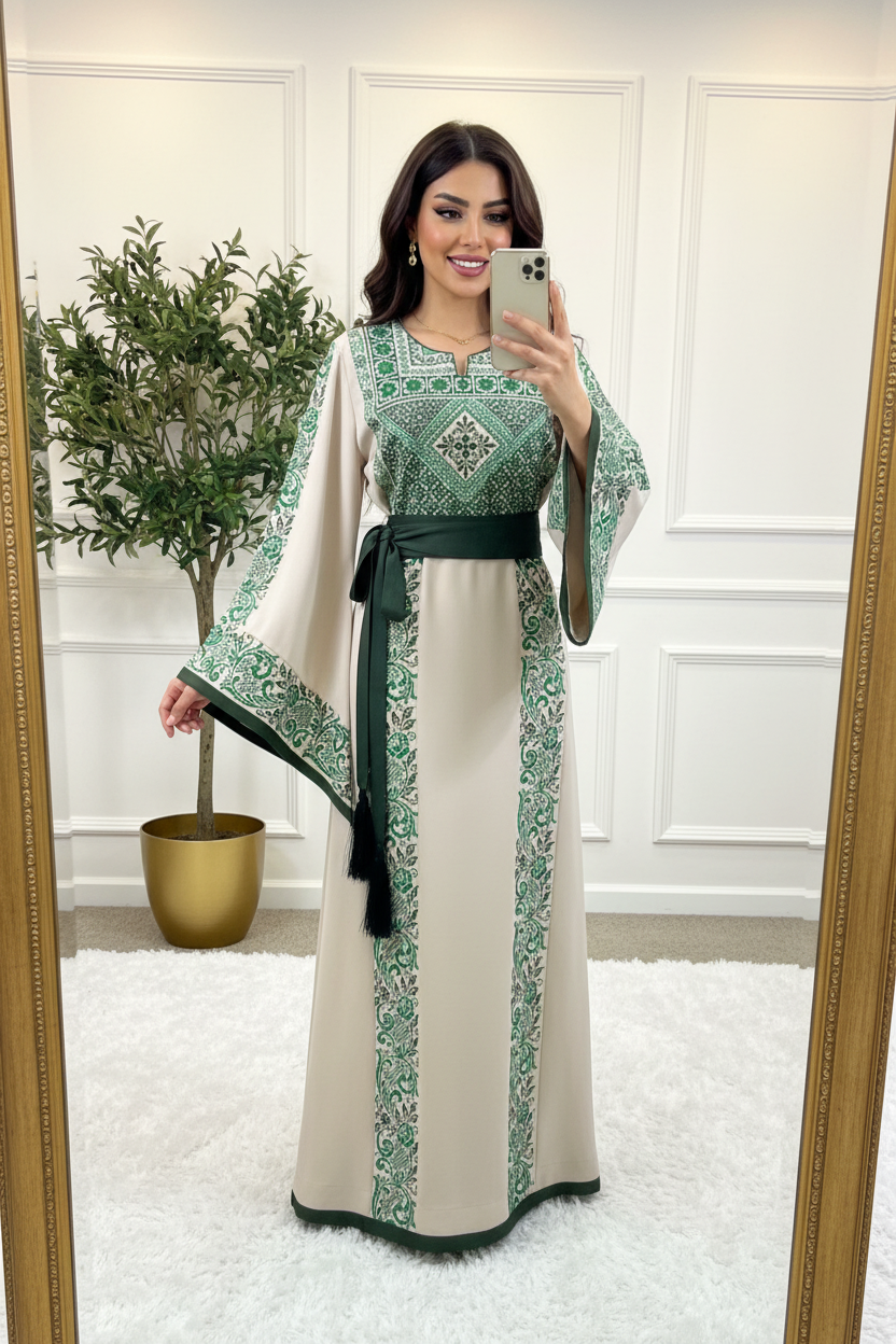 Beige thobe with green embroidery