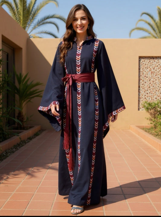 Navy blue embroidered dress with matching belt