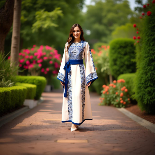 Cream thobe with royal blue embroidery.