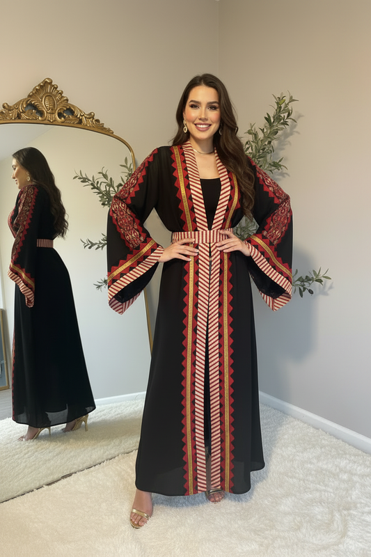 Black and red chiffon open abaya