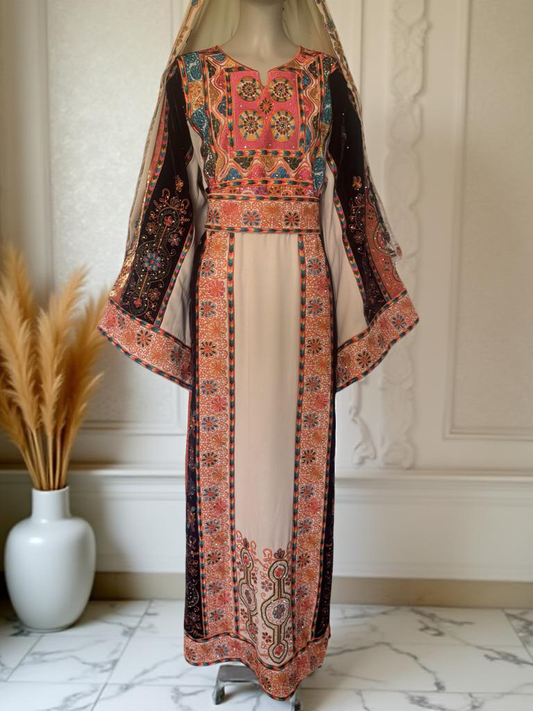 Cream thobe with burgundy velvet and orange satin accents.