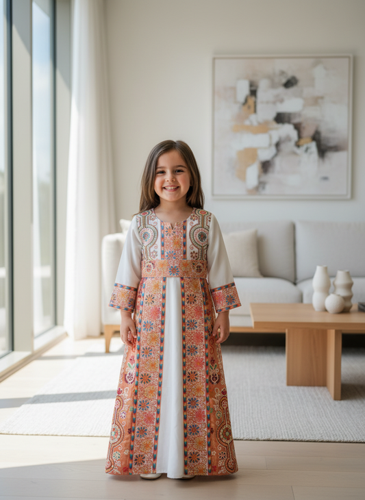 Beige and orange little girl thobe