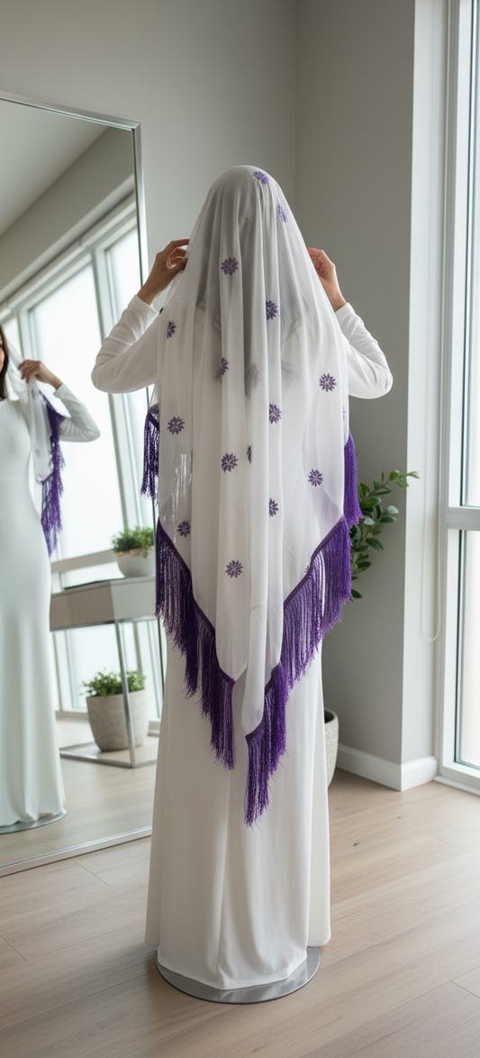 White headscarf with purple embroidery