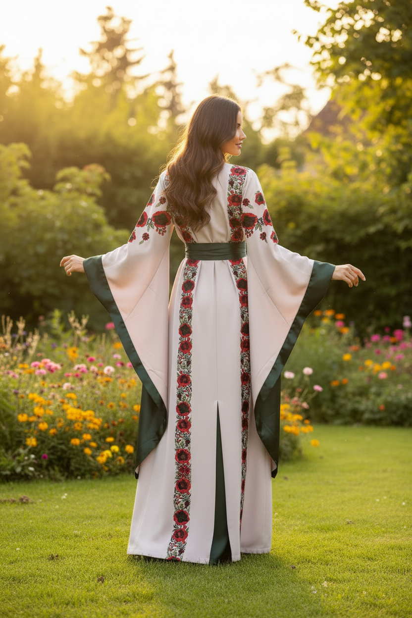 Beige fabric thobe with colorful embroidery