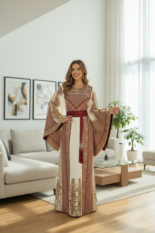 Light beige and burgundy embroidered thobe