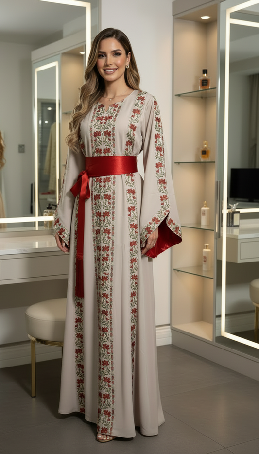 A beautiful beige and red dress with fashionable sleeves.