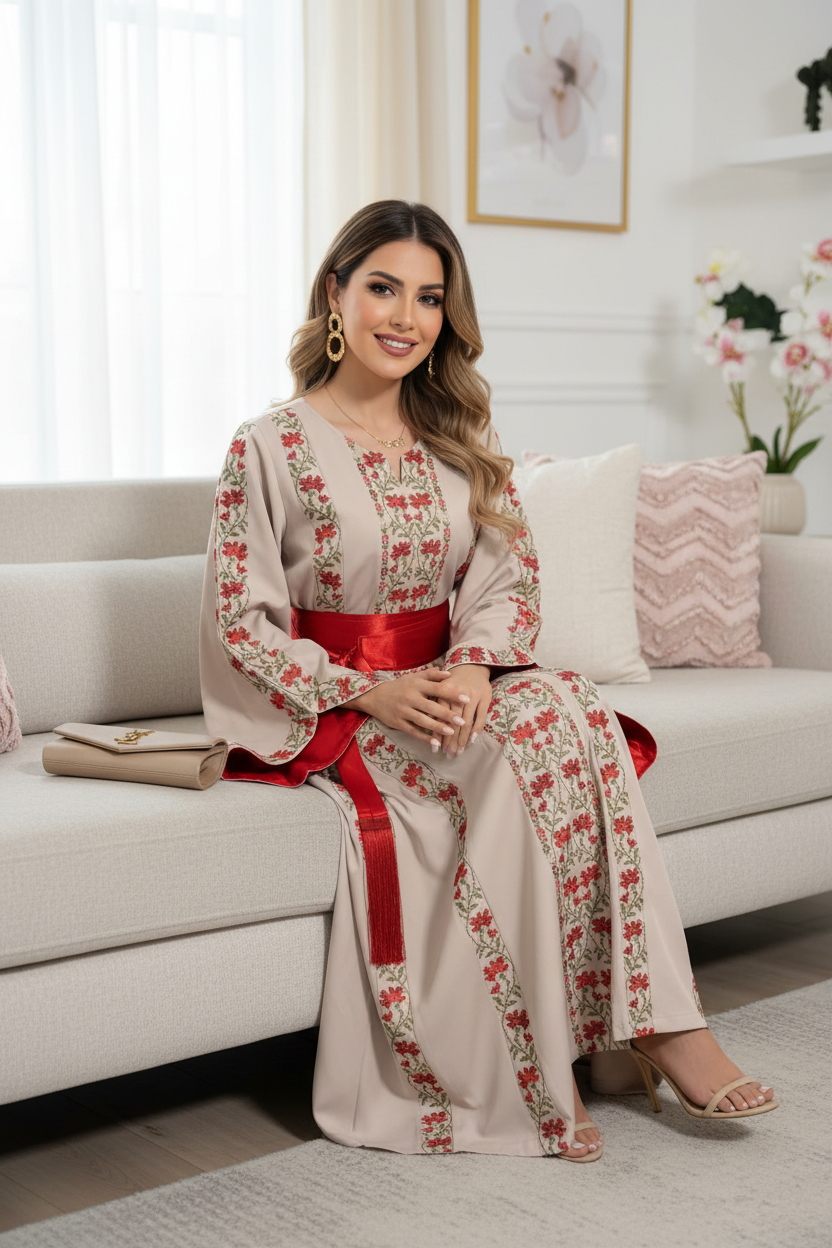 A beautiful beige and red dress with fashionable sleeves.
