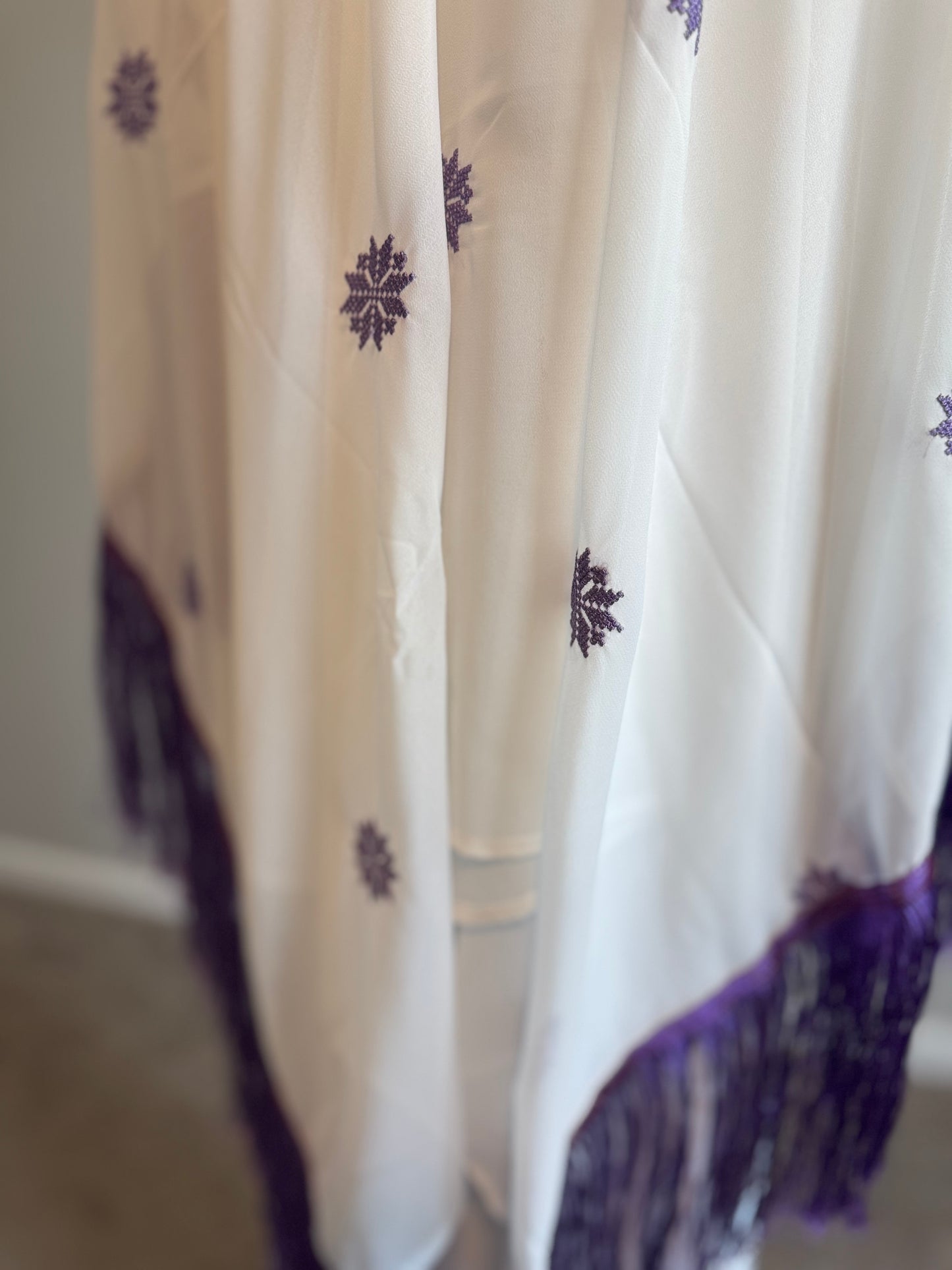 White headscarf with purple embroidery