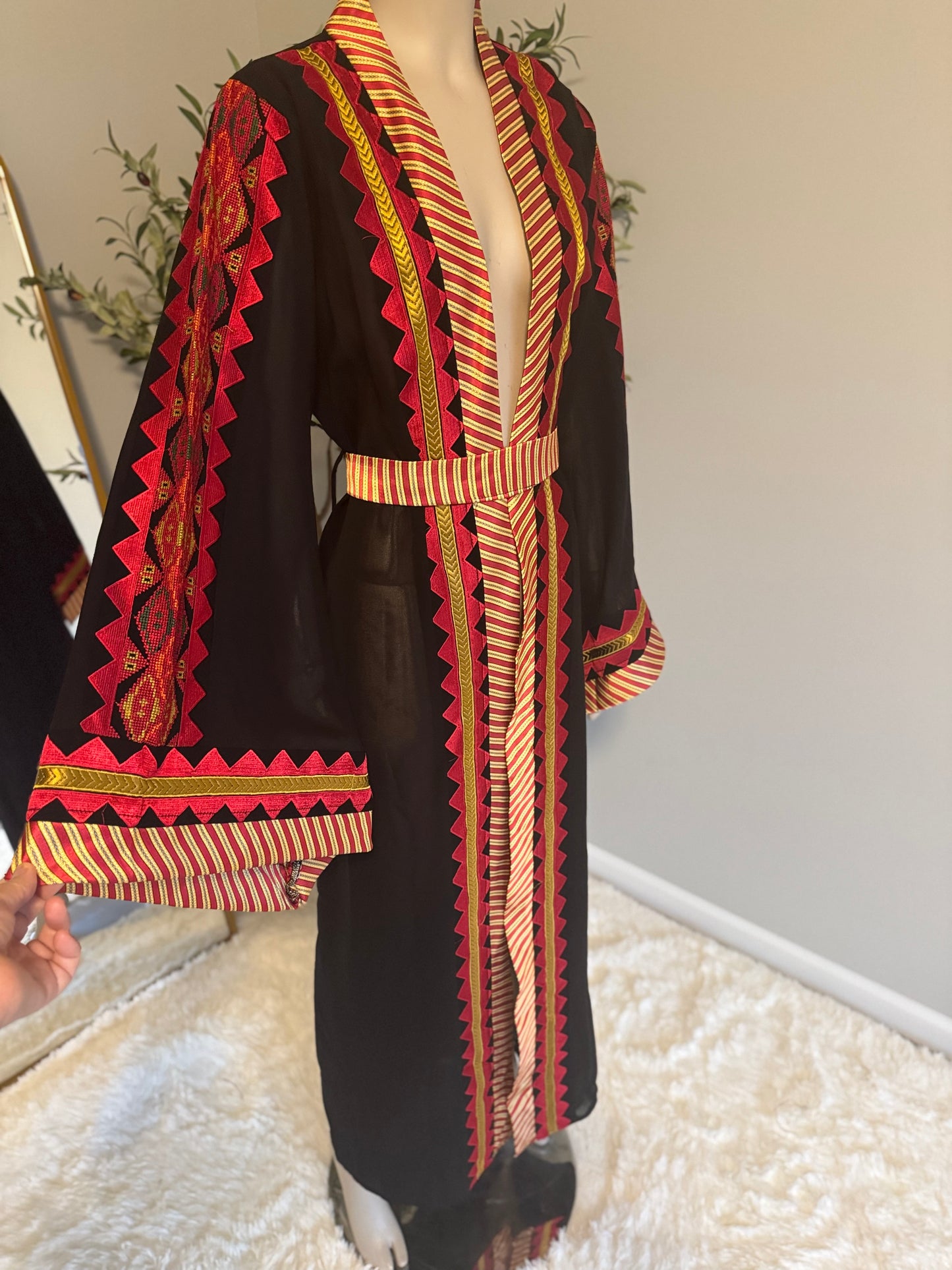 Black and red chiffon open abaya