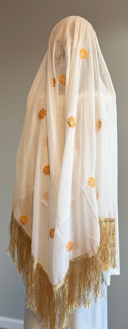 White headscarf with gold embroidery