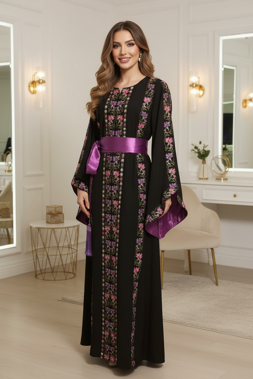 A beautiful black and purple dress with fashionable sleeves.