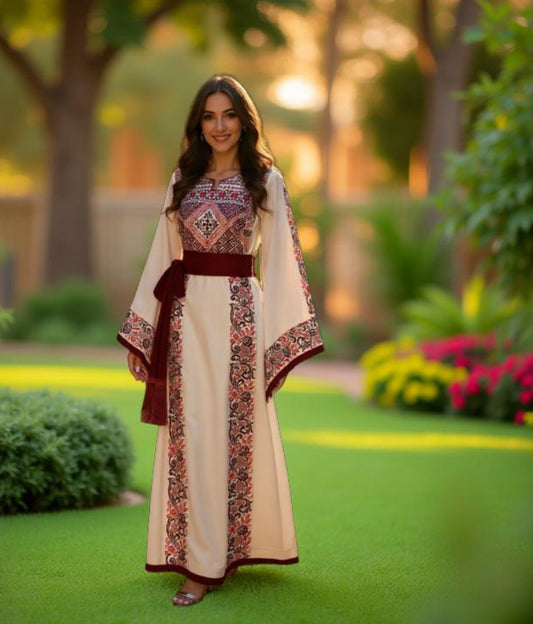 Cream fabric thobe with burgundy embroidery